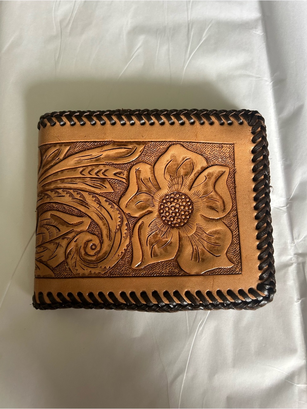 Hand-Tooled Leather Bifold Wallet in Tan with Floral Design Vintage